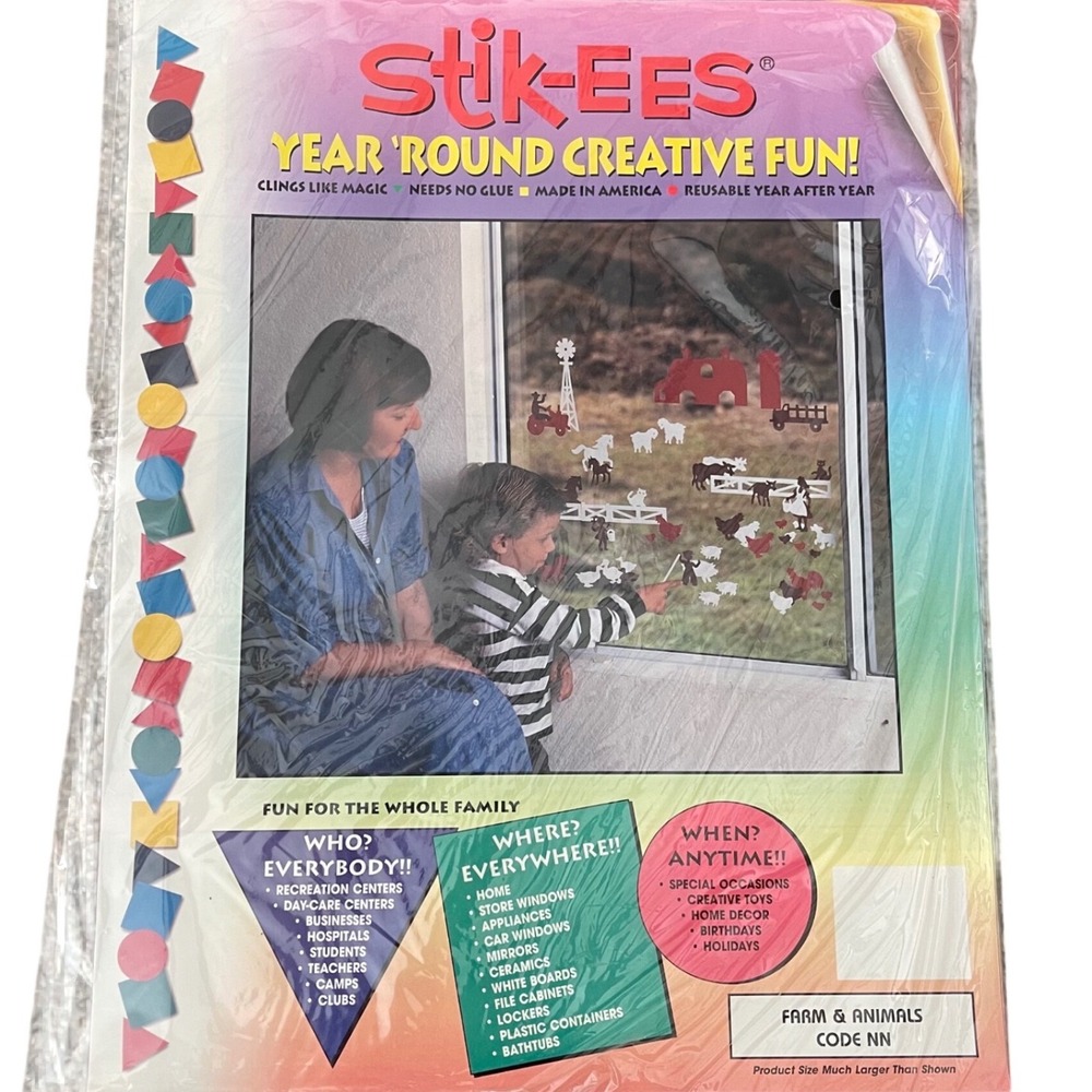 Vtg Stik-ees Window Clings 90s Teacher School farm animals nn horse chicken‎ pig